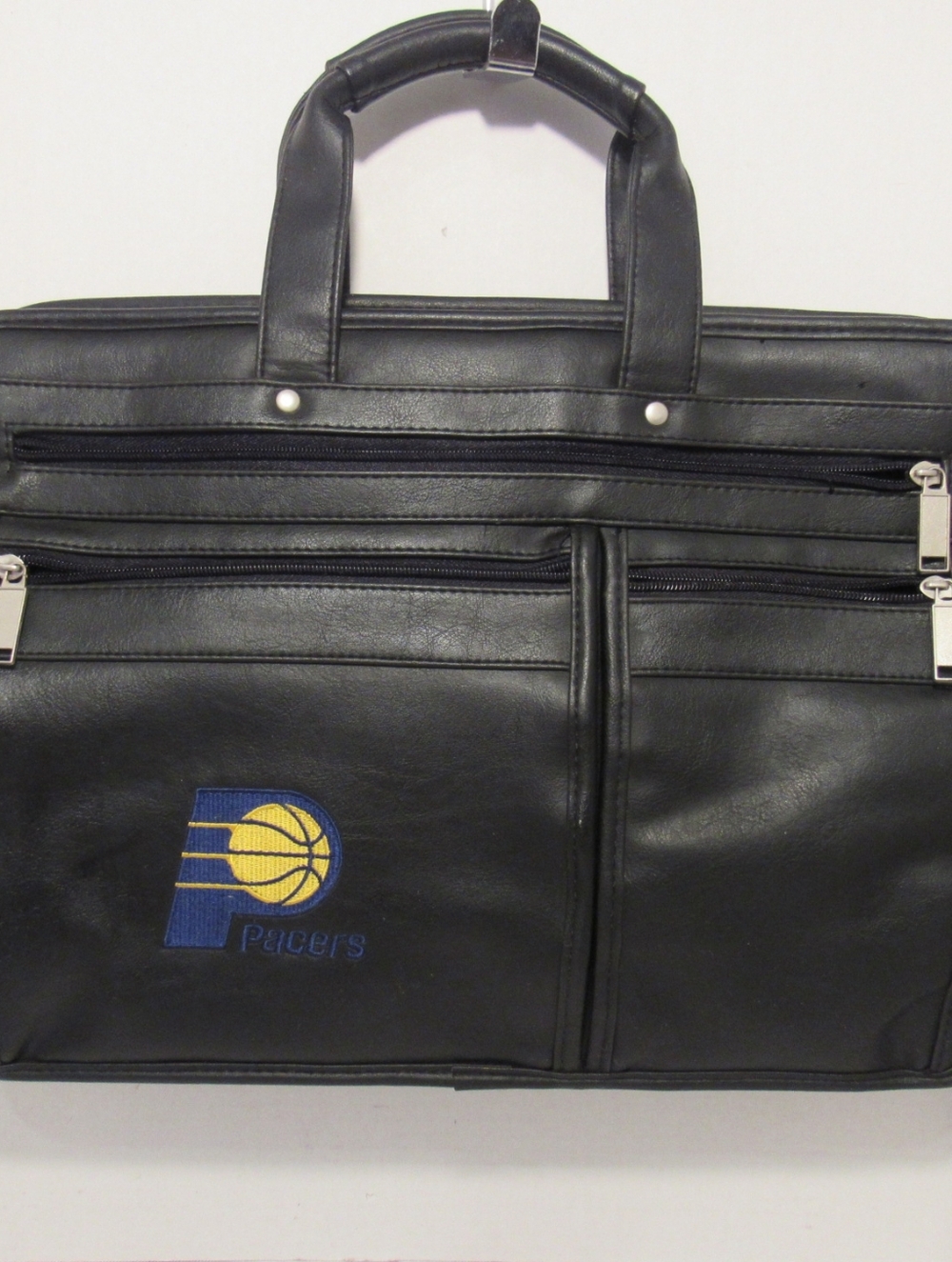 Vtg. Mens Black Leatherette Laptop Messenger/Briefcase Style Bag w/Pacer Logo